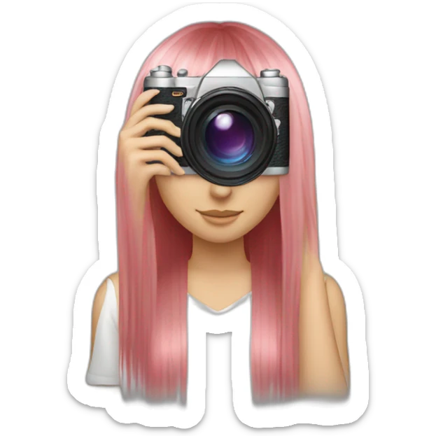 girl with long, straight rose hair and fringe with camera sticker