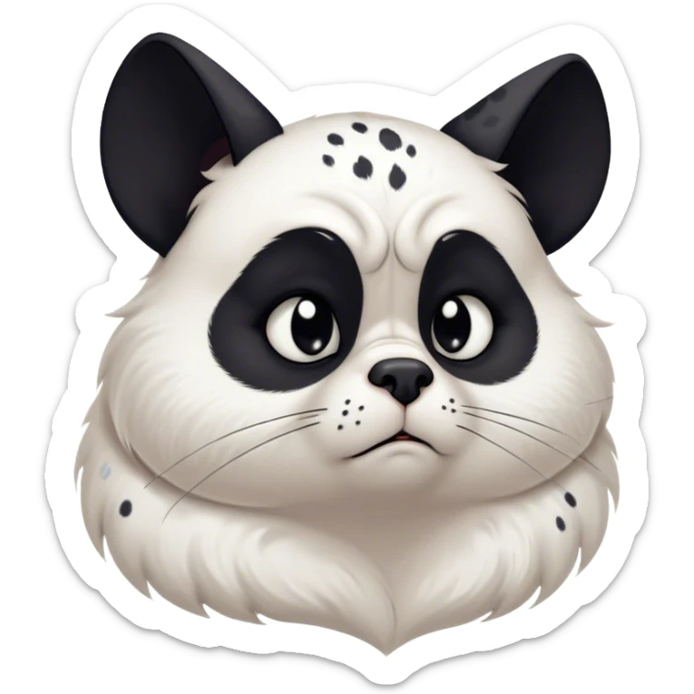 Cinematic Meme-Worthy Grumpy Dalmatian Portrait Emoji, Head held high but eyes filled with dramatic disappointment, smooth white fur speckled with striking black spots, deeply furrowed brow forming an unmistakable scowl, floppy ears slightly angled back in disapproval, piercing dark eyes glaring with pure exasperation, Simplified yet hilariously over-exaggerated features, highly detailed, glowing with an aura of supreme annoyance, high shine, exhausted yet judgmental, stylized with an almost regal pettiness, bright but brooding, soft glowing outline, capturing the essence of a companion that has seen it all and is thoroughly unimpressed, so meme-worthy it feels like it could instantly become the next viral sensation of grumpiness! sticker