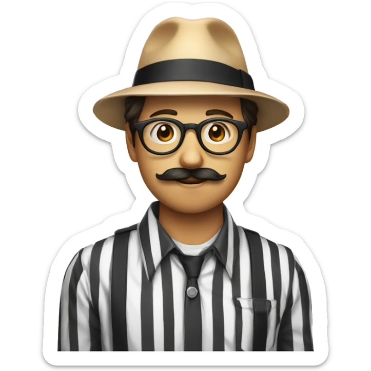 Nerd face circle emoji with black and white long sleeve striped shirt and a fedora and a mustache and a baguette and a cigarette in hand sticker