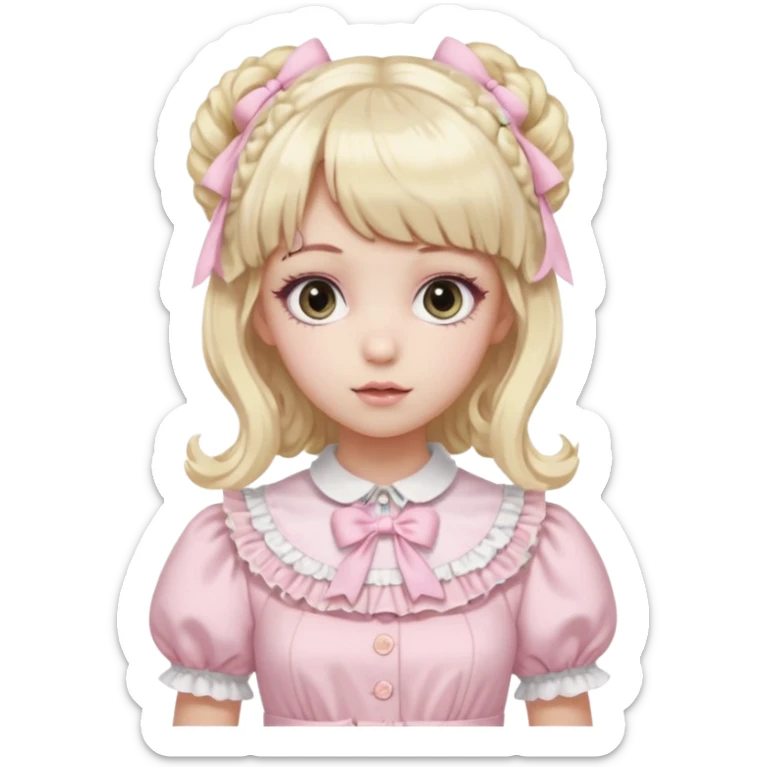 pale girl , who has curly medium length blonde and baby pink swirled hair with bangs , grey eyes , and doll like makeup , in a light pink lolita hime gyaru dress emoji | AI Emoji Generator black hair sticker