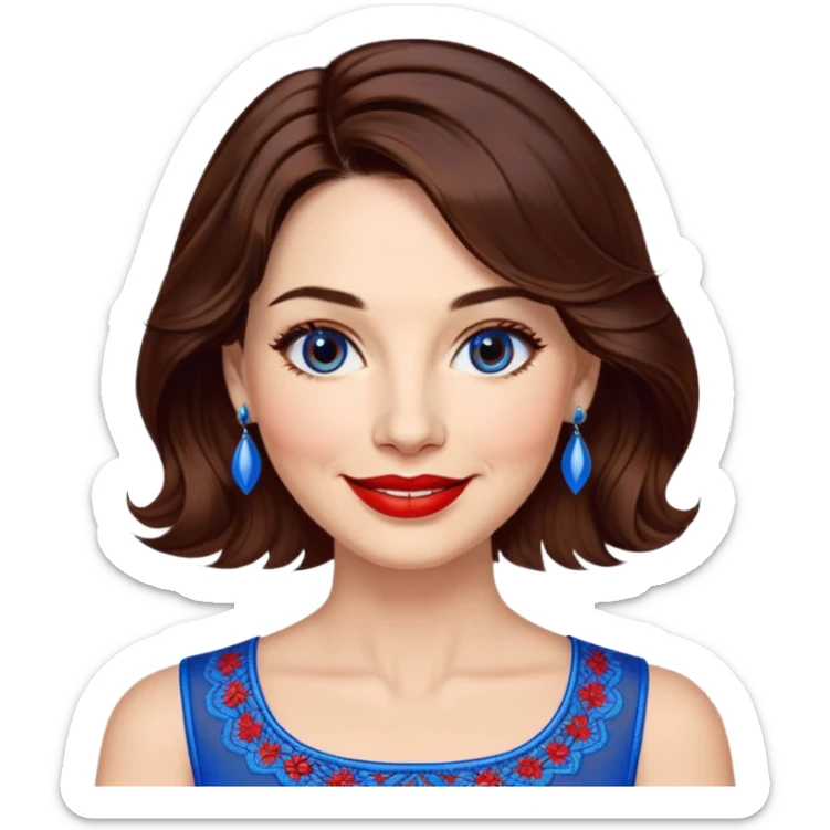 Woman in her 40s with clear skin, round face, wide friendly smile, big light brown eyes, vibrant red lipstick, shoulder-length wavy dark brown hair, white top with blue embroidery and electric blue neckline, mature elegant look sticker