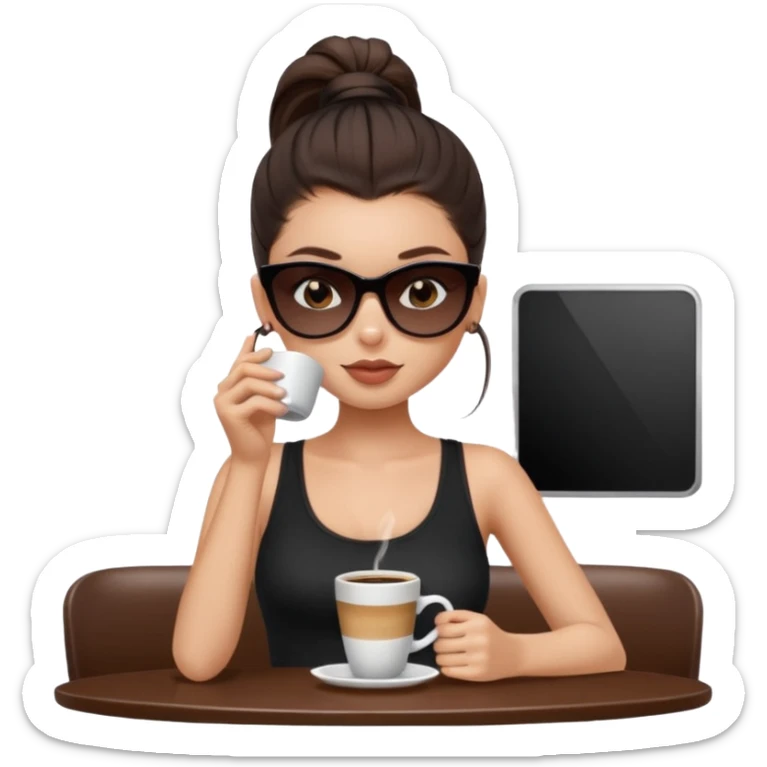 generate a pretty fair bratz girl with dark brown eyes, dark brown eyes tied into a slick back ponytail, thin brown sunglasses. Wearing a black cami top and drinking coffee sticker