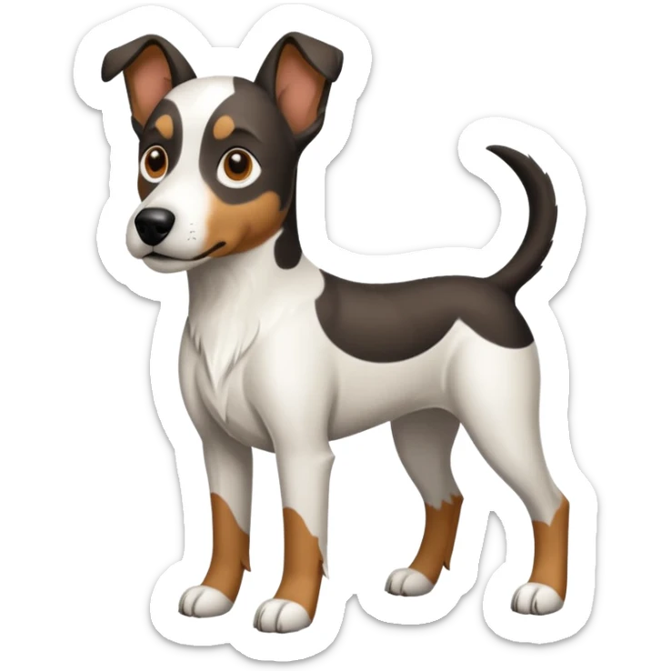 a full body large white floppy eared parson russell looking dog the size of a kelpie with light brown ears and a light brown patch on one eye and a large snout sticker