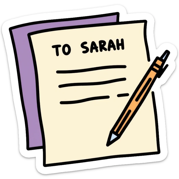 a paper letter with "TO SARAH" text written at the top of the letter, with a pen lying next to it sticker