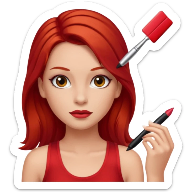 girl wearing red tank top, brown long hair, glam make up, have a red hair clip EMOJI sticker