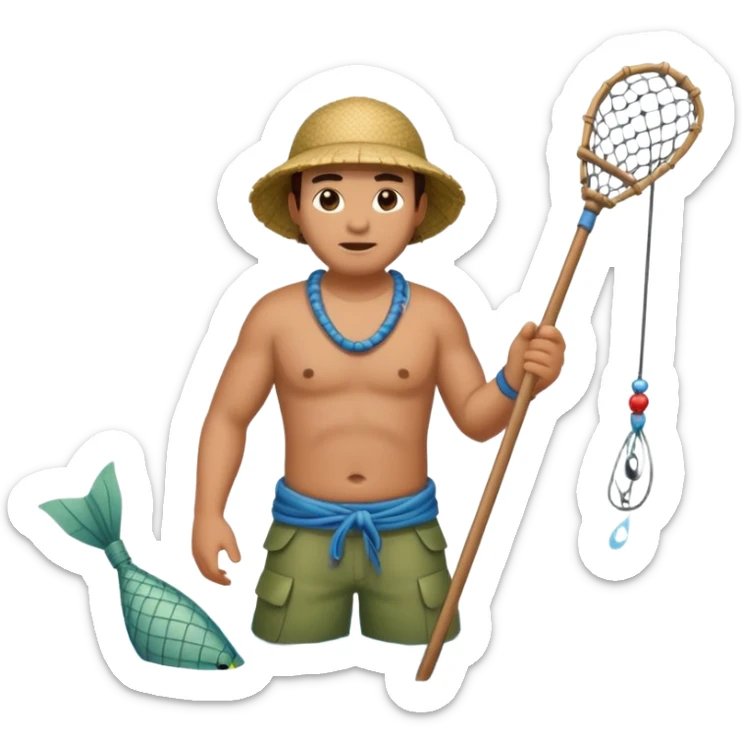 A Polynesian fisherman standing in the water fishing with a net sticker