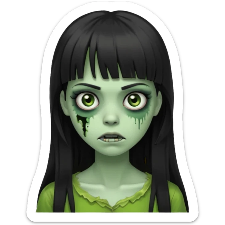 queria um emoji de zumbi verde de uma garota, olhos pretos, cabelos escuros e longos, com uma franja acima da sobrancelha  sticker