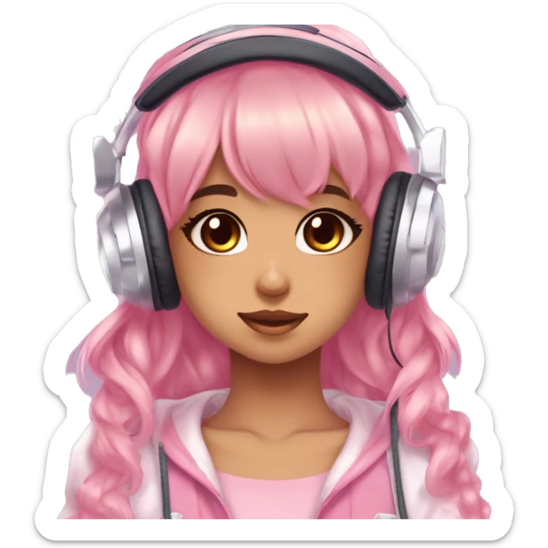 BROWN SKIN GAMER GIRL WITH BANGS AND WAVY HAIR gamingheadset pink kawaii gamer shiny blushing cute kawaii pastel anime trending style pink gaming headset gamergirl pastelcore sticker