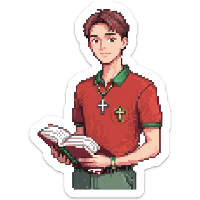 full body man wearing a red polo shirt, cross necklace, clean haircut, holding a book, head to toe sticker