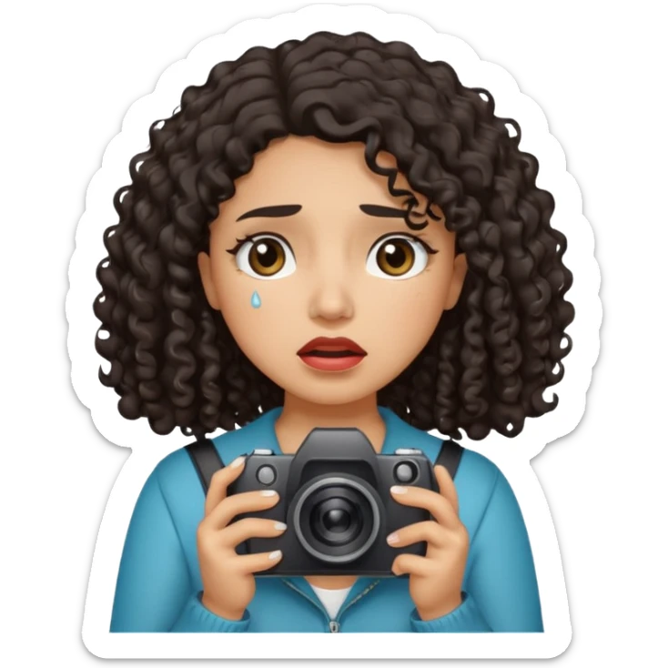 Hispanic Woman with shoulder length dark curly hair holding a camera crying tears sticker