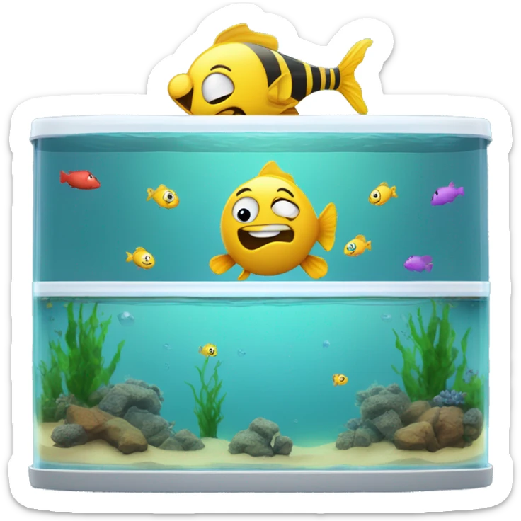 2 fish tanks, the one on the left is full of fish, the one on the right is full of water, one on the fish jumping into right one from the left one, and text on the top saying “im nothing like yall 😎😭😭😭” sticker