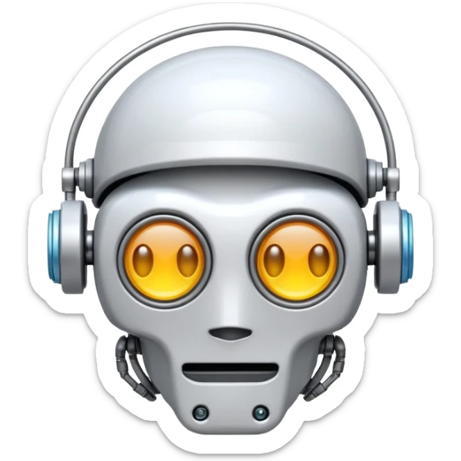 Emoji stylisé d'un cerveau robotique avec un circuit imprimé visible et un petit halo lumineux au-dessus, fond blanc sticker