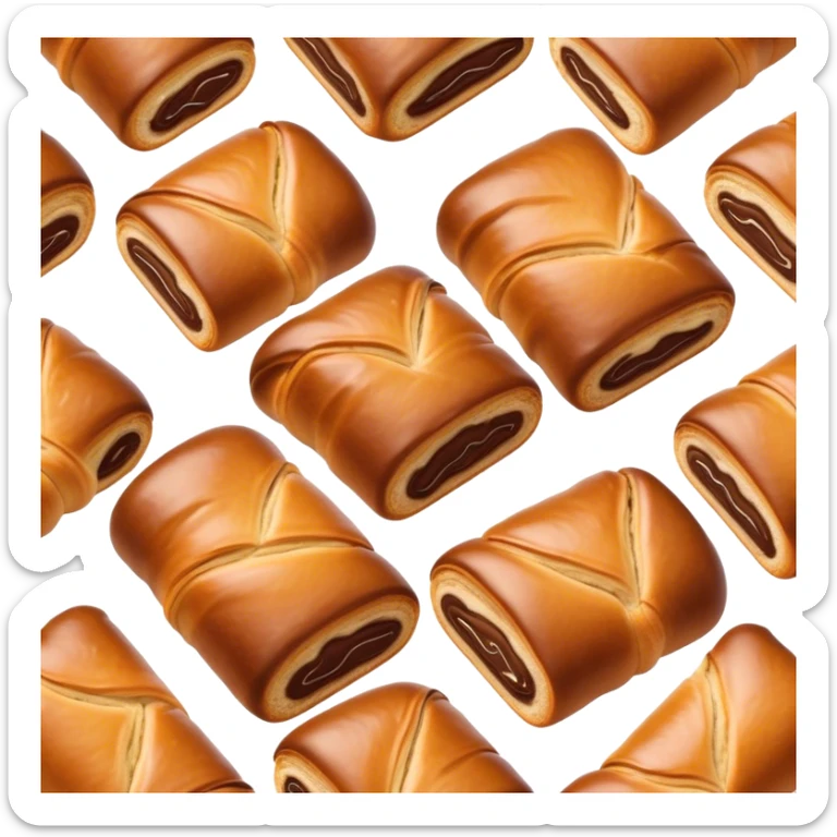Cinematic warm pain au chocolat, flaky golden-brown pastry with a rich chocolate filling peeking through, perfectly crisp exterior, soft glowing highlights, inviting and indulgent. sticker