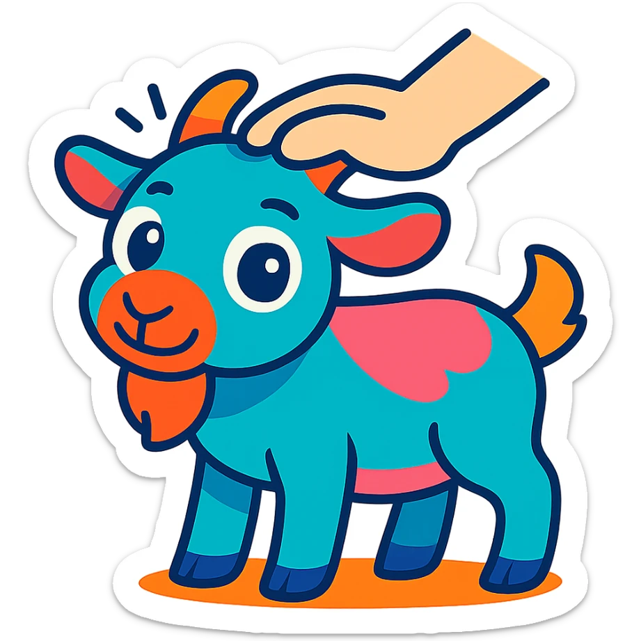 Make the cute cartoon goat look animated with a hand patting its head, in vibrant toon style. Keep the background simple or transparent. sticker