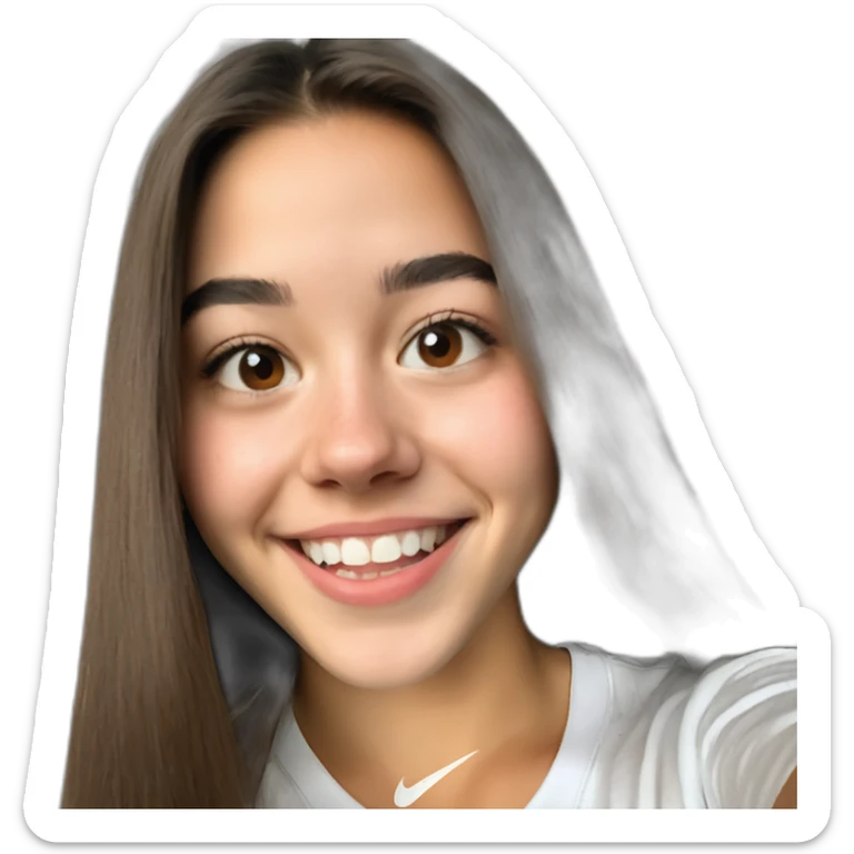 Spaniard Teenager girl long Brown straight hair funny face smiling taking selfie wearing nike t-shirt sticker