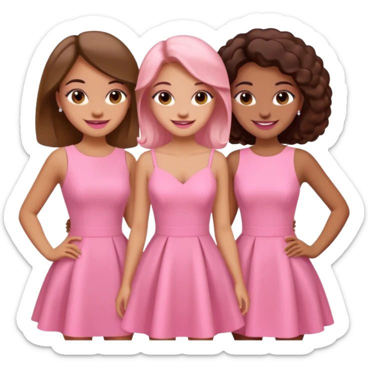 3 besties with professional glammed up looks wearing pink, medium skin tone smiling big sticker