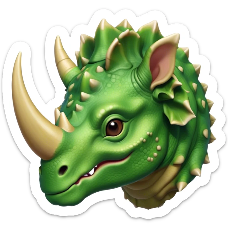 Beautiful and Majestic Triceratops Portrait Emoji, Head and body rendered in serene repose with a gentle, content smile, showcasing a robust, horned form with an intricately frilled head and eyes softly closed in tranquil repose, Simplified yet exquisitely endearing features, highly detailed, glowing with a soft, drowsy prehistoric light, high shine, relaxed and utterly majestic, stylized with an air of ancient splendor, soft glowing outline, capturing the essence of a beautiful and majestic Triceratops that embodies the timeless strength of the ancient world! sticker
