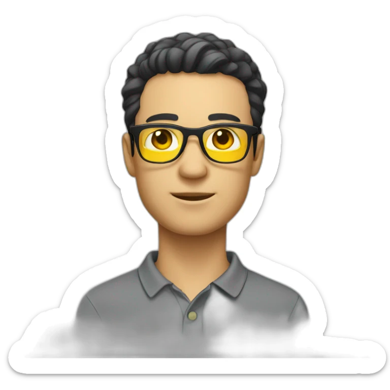 White man with yellow tinted glasses and black hair in a polo shirt sticker