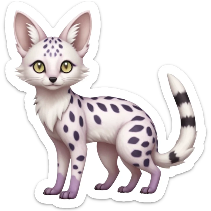 White Albino pastel whitish grey-spotted Serval-Civet-Genet-Trico-Furret-Linoone-Noibat-Espeon-Fakémon-Pokémon-animal-hybrid-fusion-creature (full body) with vibrant glowing eyes, cute, elegant, soft, realistic, pastel fur sticker