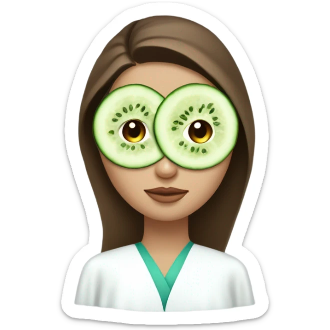 Girl with freackles Brown hair white skin and blue eyes wears Green colored texture skin care mask all over her face while She relaxes and puts two round piece of cucumber on her closed eyes In a white Robe sticker