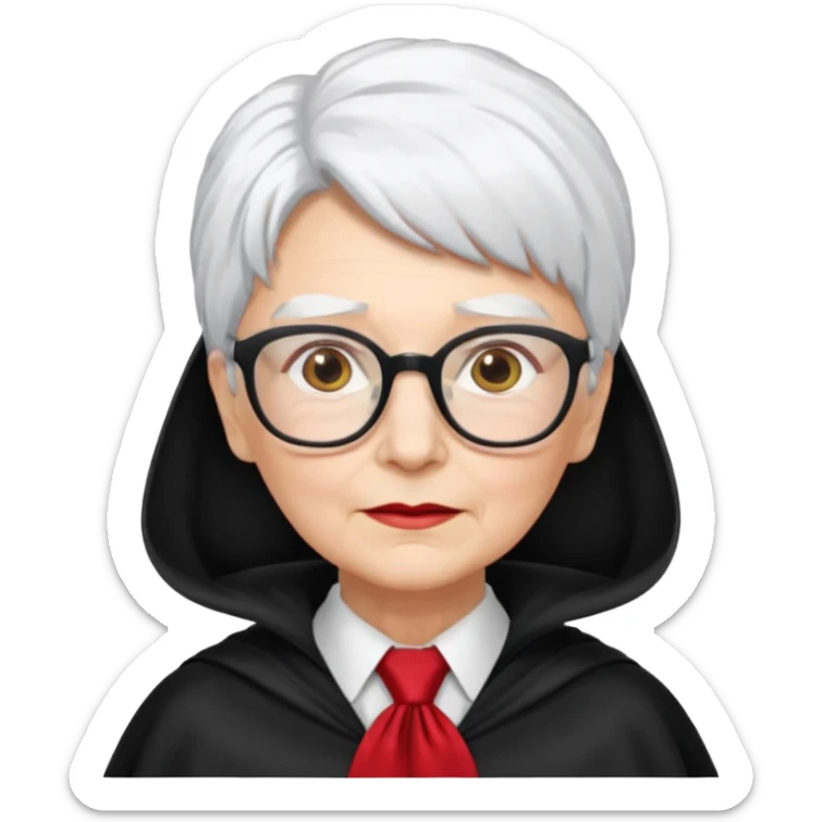 An older woman with glasses and white hair, in a red tie and black cape sticker