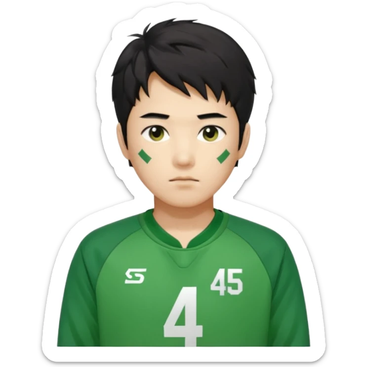 Draw Seong Gi-hun (Player 456), Korean male, messy black hair, green tracksuit with white number 456 printed on chest. sticker