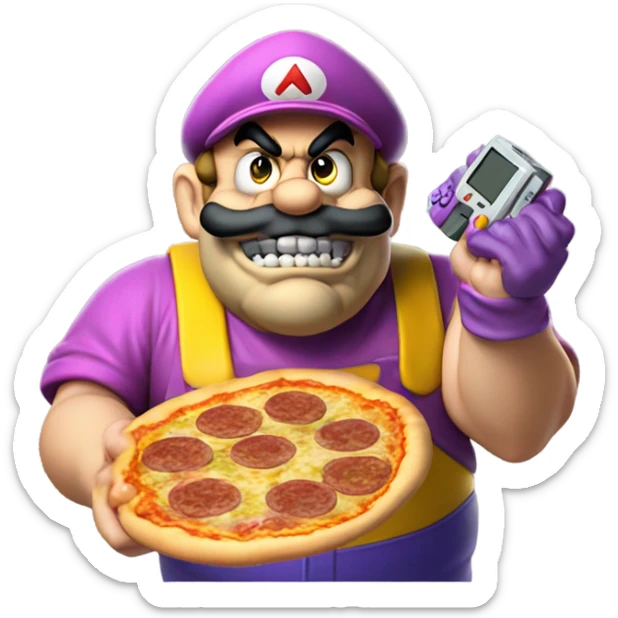 wario sneering with a joypad in one hand and a pizza in the other sticker