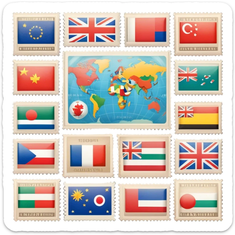 Icon for Stamp Collecting: a collection of vintage and colorful stamps arranged in an album or on a desk, with a large stamp block in the center showcasing different countries and themes. The icon should reflect the charm and history of philately. Transparent background. sticker