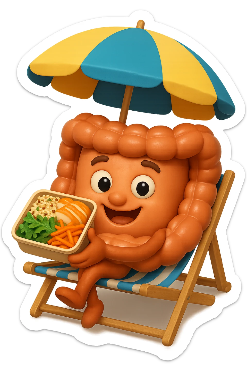 EMOJI STILE IPHONE DI INTESTINO IN SPIAGGIA SU UNA SPIAGGINA SOTTO L'OMBRELLONE CON IN MANO UNA SCHISCETTA DI Insalata di quinoa e pollo con rucola e carote, iperrealistica 4k sticker