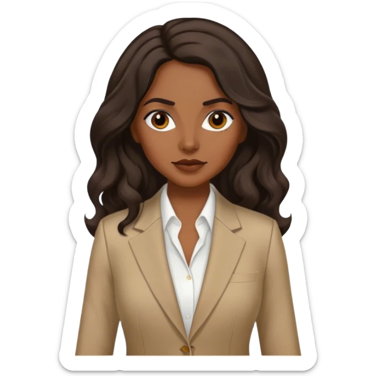 dark brown woman with dark brown long wavy hair with middle part and an executive tan suit  sticker