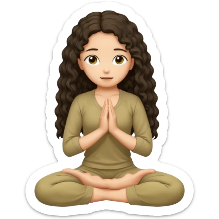 Olive toned Christian girl praying on knees to Jesus long dark curly hair in tan color yoga set sticker