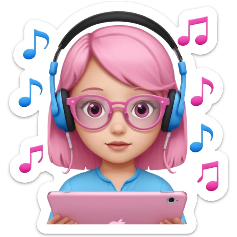 Little girl with headphones when pink eyes and pink iPad and pink dreamy background and rose colored glasses and blue music notes around her sticker