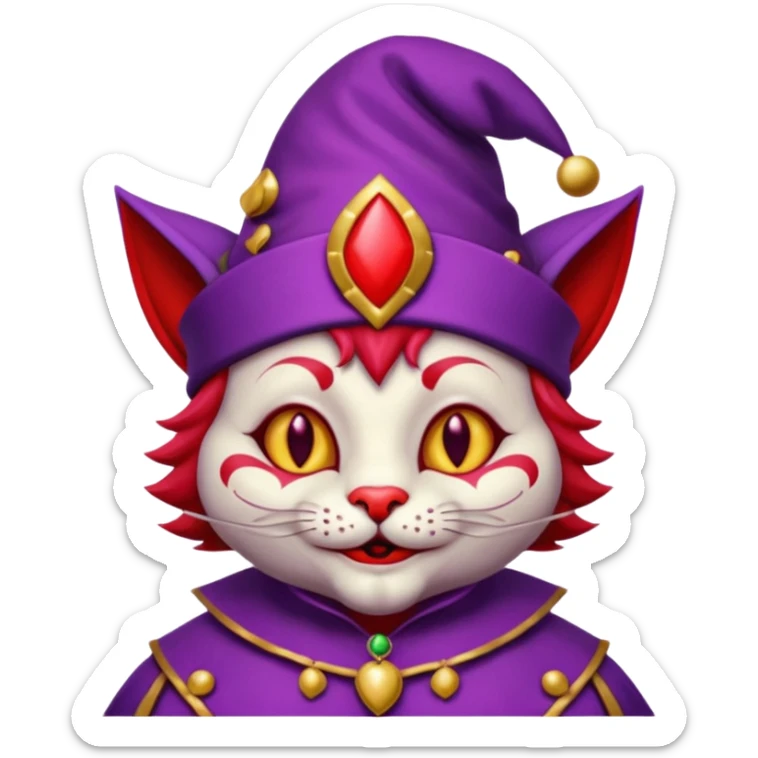crazy colorful cute little cat jolly joker from poker, medieval, vintage, court jester, mac os icon, purple and red color, half body sticker