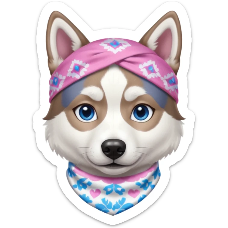 Husky siberiano fêmea, toda branca um olho azul e outro metade azul e marrom. Com bandana rosa sticker