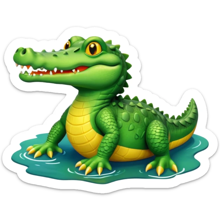 A cute 3D cartoon crocodile resting on a riverbank, part of its body in the water. Smooth rounded design, bright colors, soft lighting, friendly expression, Memoji-style realism. sticker