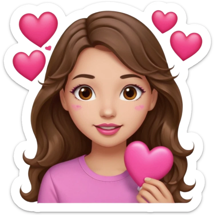 girl with long wavy brown hair, brown eyes, light to medium complexion, in a pink shirt, pink lips, long lashes, puckering lips kissing, blushing with hearts sticker