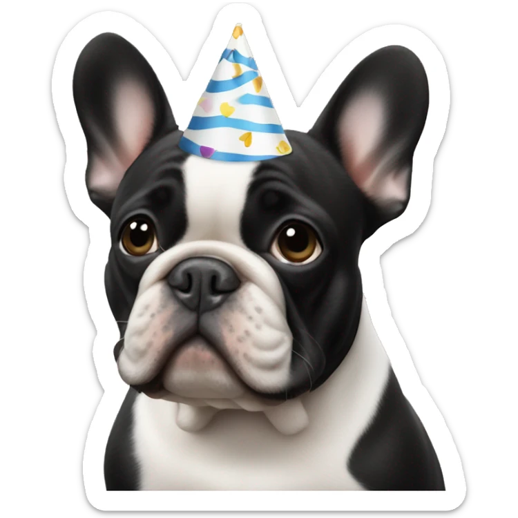 an all-black French bulldog with a white breast in a birthday cap sticker
