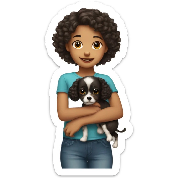 Cute girl with curly dark hair with a small dog in her arms sticker