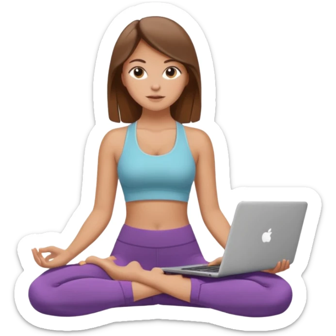 A white girl with brown hair who works remotely through her laptop and enjoys yoga sticker