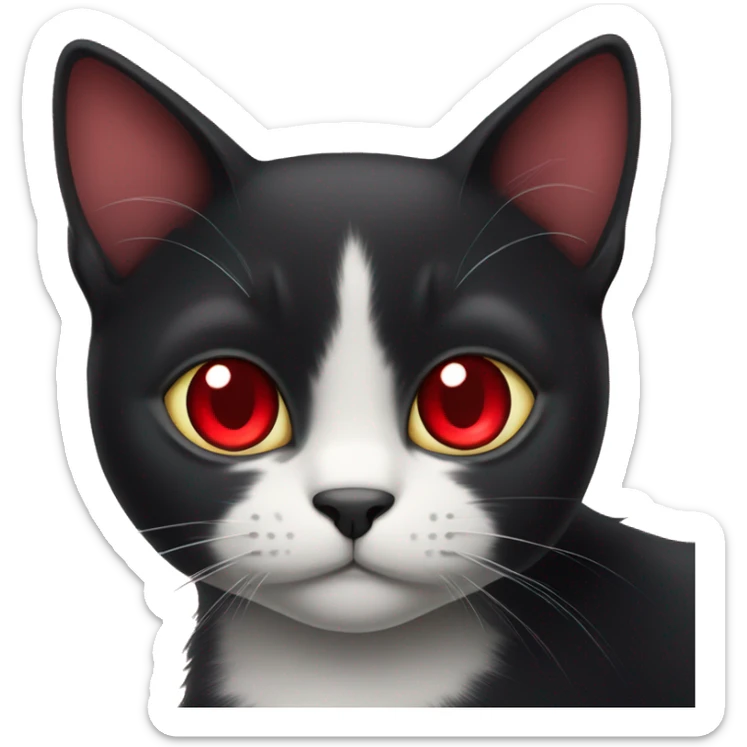 black cat with red cute eyes looks cutely to the left at the heart sticker