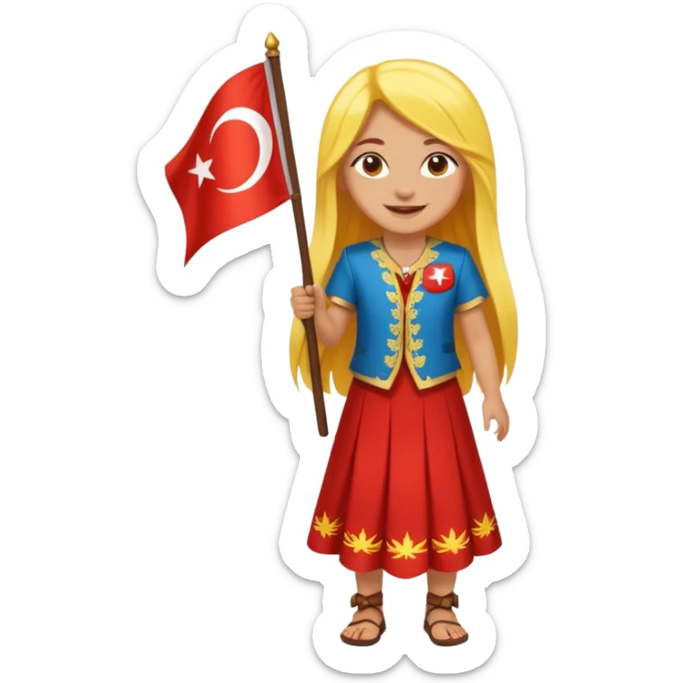 ultra sexy happy Turkish girl with Turkish flag in national outfit, full body, long yellow hair sticker