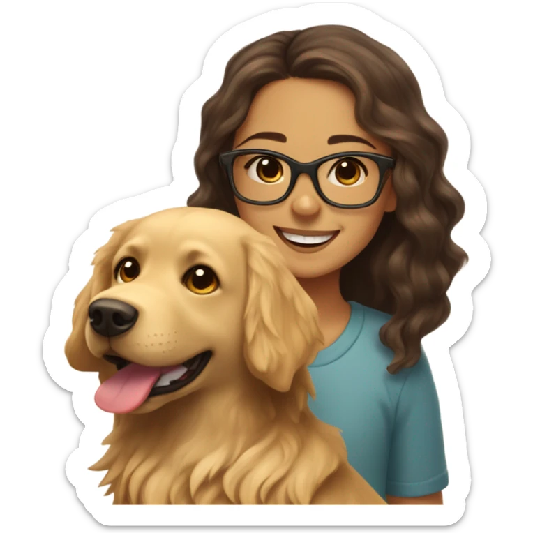 Smiling girl with long dark wavy brown hair and red glasses next to a small shaggy golden Labrador dog with brown eyes sticker