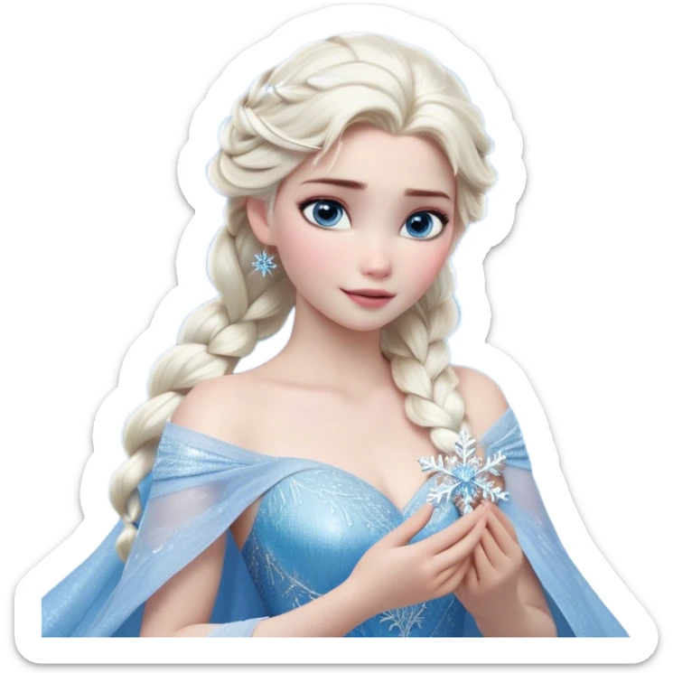 Cinematic Realistic Elsa Portrait, depicted with lifelike skin texture, soft natural lighting, and intricately detailed platinum blonde hair styled elegantly. Her striking, expressive blue eyes exude confidence and grace, complemented by a serene and regal expression. She holds a shimmering snowflake delicately in one hand, her other hand resting against her gown, embodying the power and beauty of winter. She is dressed in her signature icy attire, with shimmering fabric textures and delicate folds that catch the light beautifully. The portrait features a soft, enchanting glow with a cool, radiant finish, capturing the essence of timeless elegance in a realistic and painterly style. sticker