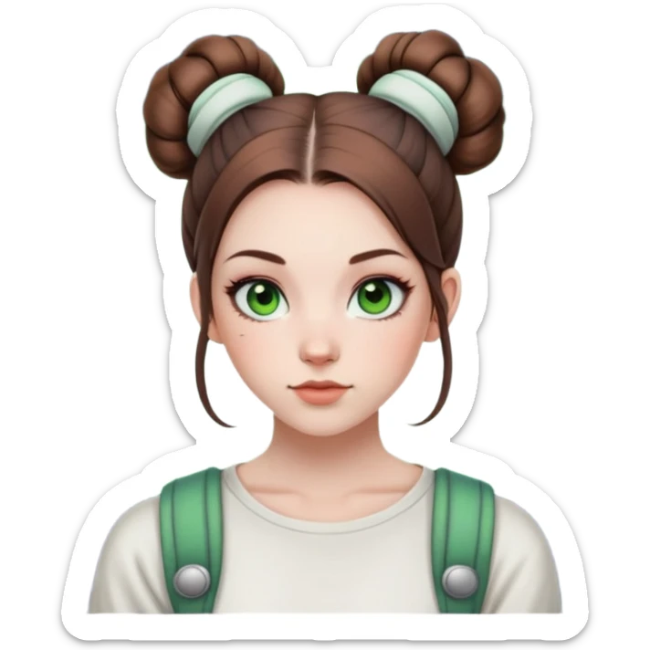 Me, im a 27 year old girl with pale skin, full cheeks, shoulder length brown hair half up in space buns with green eyes and tattoos, wearing a casual outfit sticker