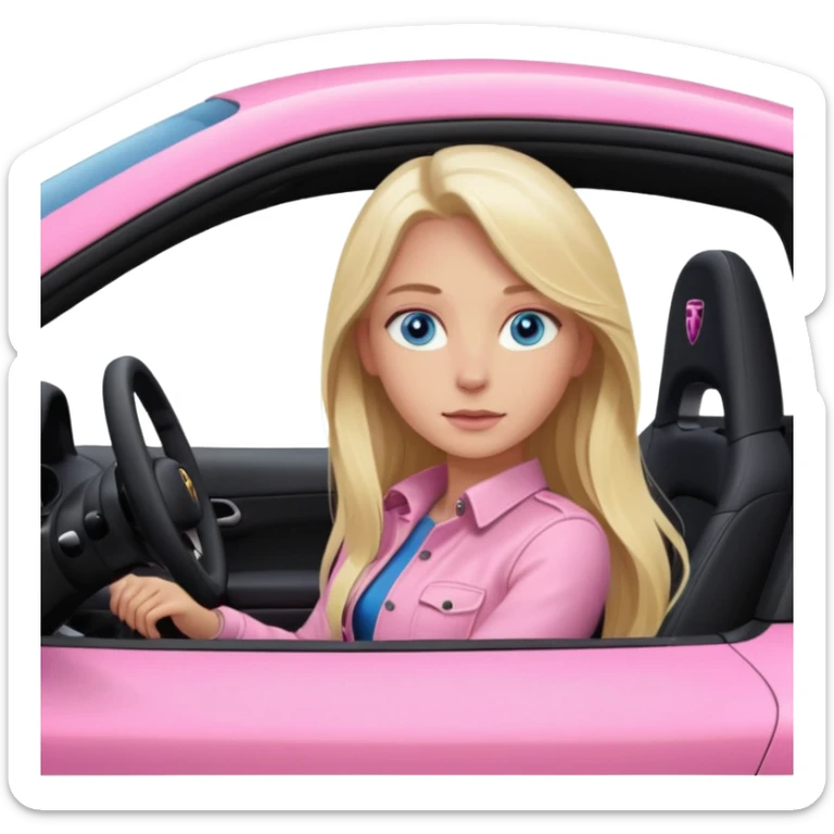 pink Porsche taycan with blonde girl, long hair, blue eyes, sitting in the car, girl in the driver seat, front view point of view, no sunglasses sticker