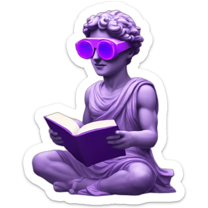an EMOJI OF A ancient young greek statue reading a book, wearing VR glasses, purple colors, DIGITAL UNIVERSE sticker
