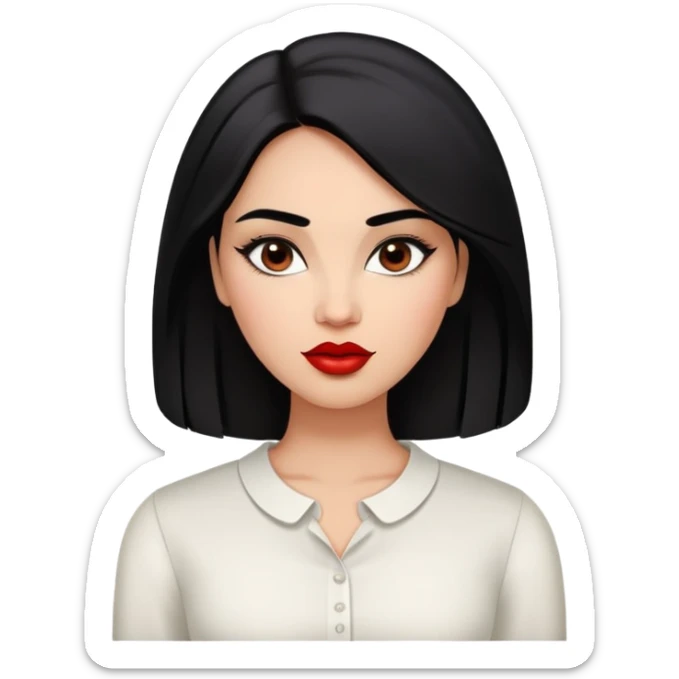 Young fuller-figured woman with oval face, high cheekbones, brown skin, dark brown eyes, thick eyebrows, red lipstick, long straight black hair, slightly plump, wearing a white blouse sticker