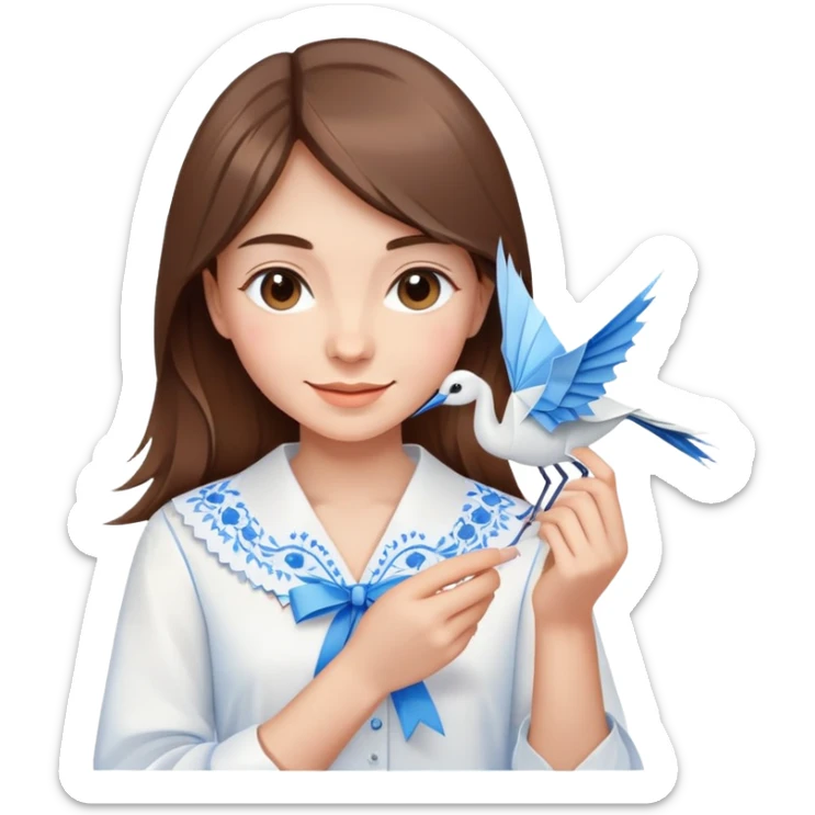 A happy Ukrainian young girl with brown hair in a white embroidered shirt holds an origami blue crane sticker