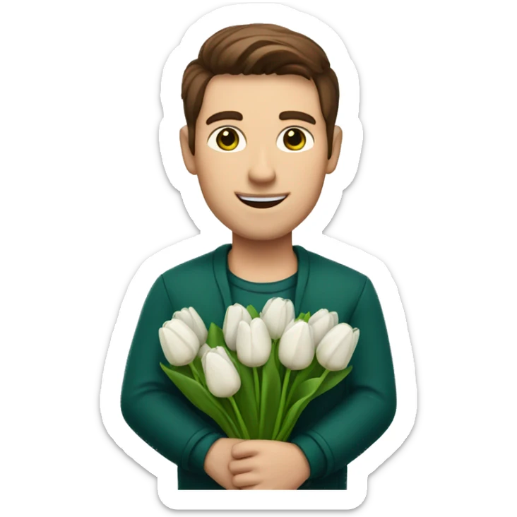 man with brown hair and green eyes holding a bouquet of white tulips sticker