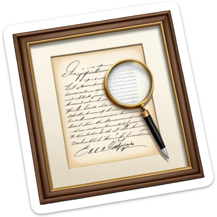 Icon for Autograph Collecting: a signed piece of paper or book page with a famous signature, surrounded by a pen, a magnifying glass, and a collection of framed autographs. Transparent background. sticker